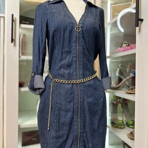 Denim Zip-Up Dress with Chain Belt